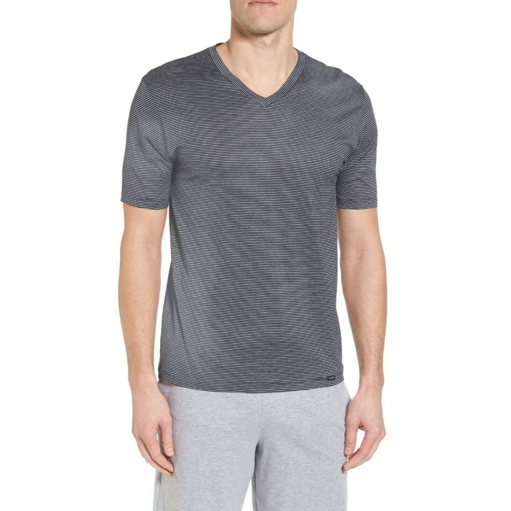 Hanro Mens Sporty Stripe Cotton V-Neck T Shirt